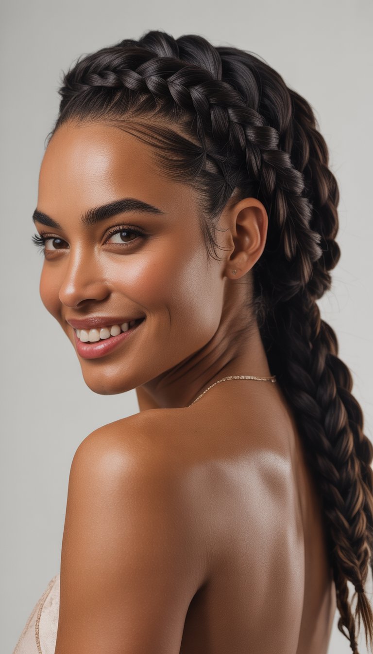 A Black woman with a half-up French braid hairstyle smiling against a neutral background.